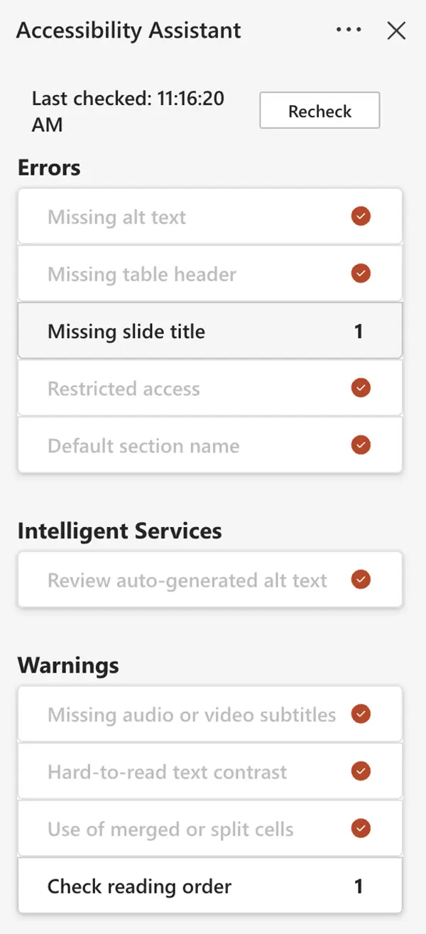 screenshot-powerpoint-checker Screenshot of the powerpoint online accessibility checker showing errors that need to be checked