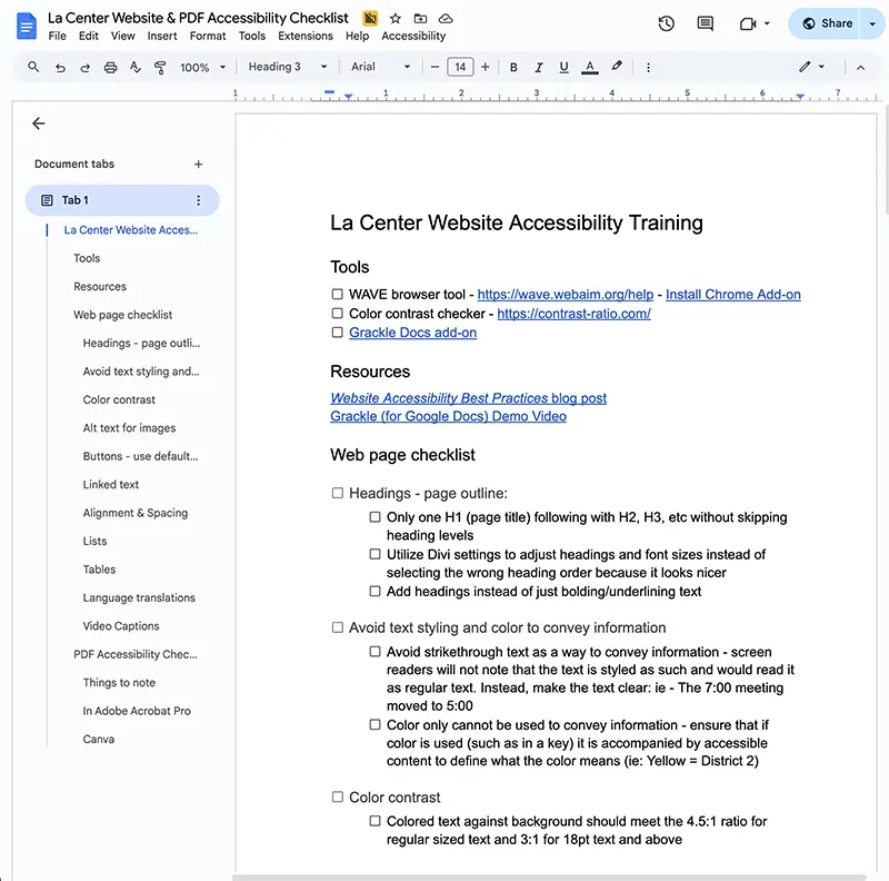Bulleted checklist for La Center website editors