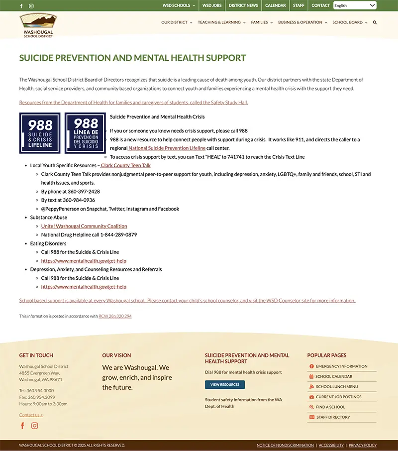 Washougal School District suicide prevention and mental support page