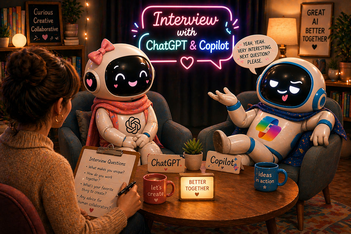 ChatGPT-CoPilot-interview A 3D conceptual image generated by ChatGPT showing ChatGPT and Microsoft Copilot as bots talking to a human interviewer.