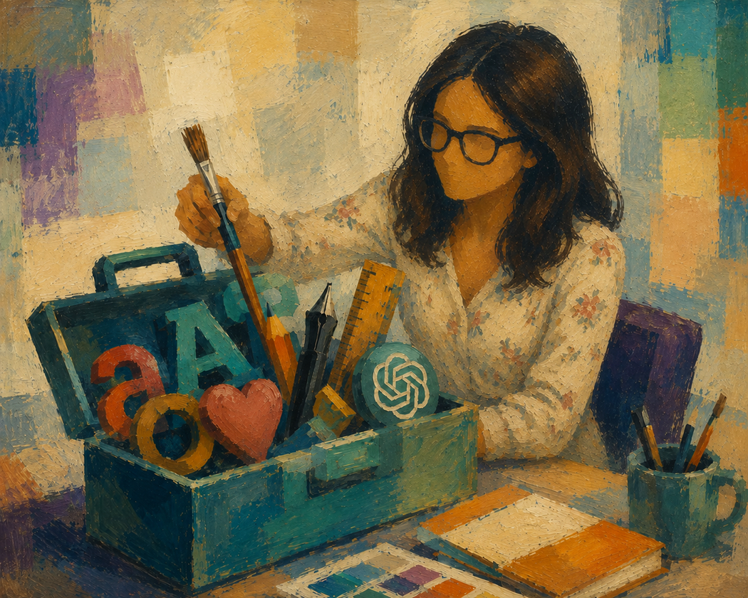 A graphic designer selects a paint brush out of a tool box with letters, ChatGPT icon and other tools