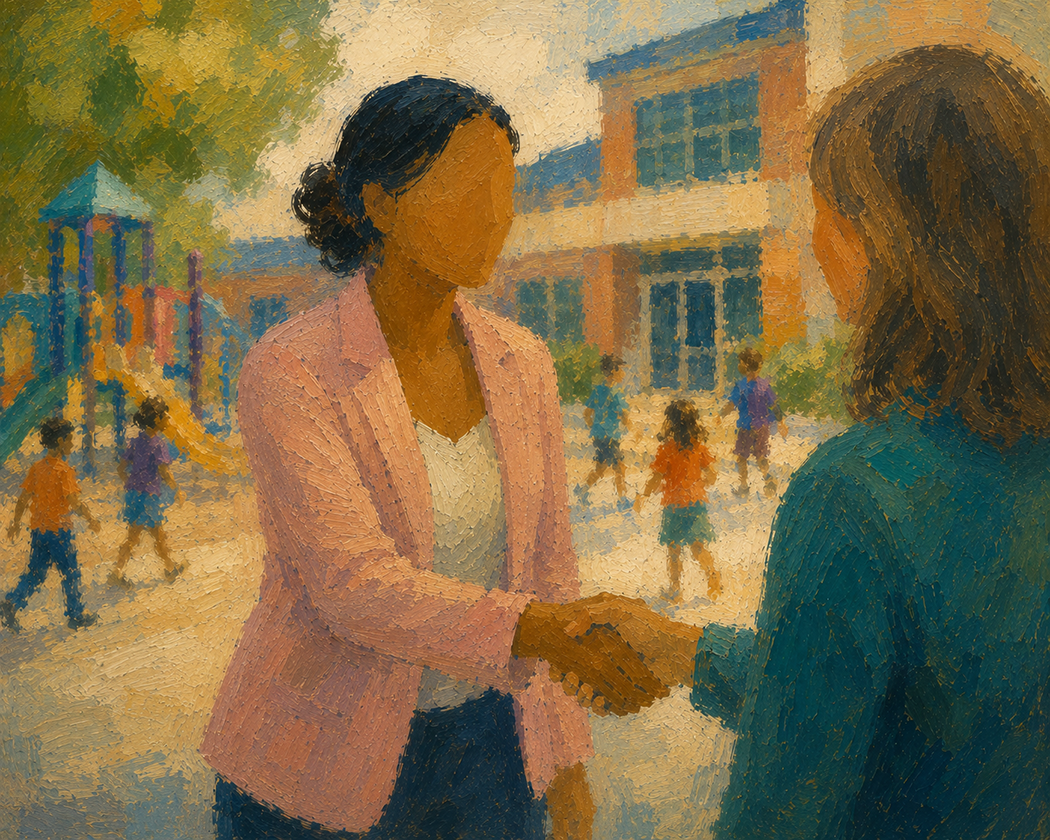 Communications expert shaking school administrator's hand
