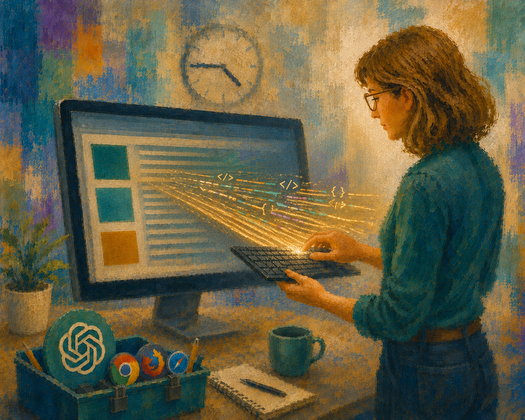 A website developer feeds code into the computer from her keyboard