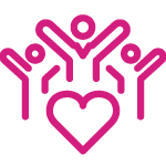 Three people arms raised around heart icon